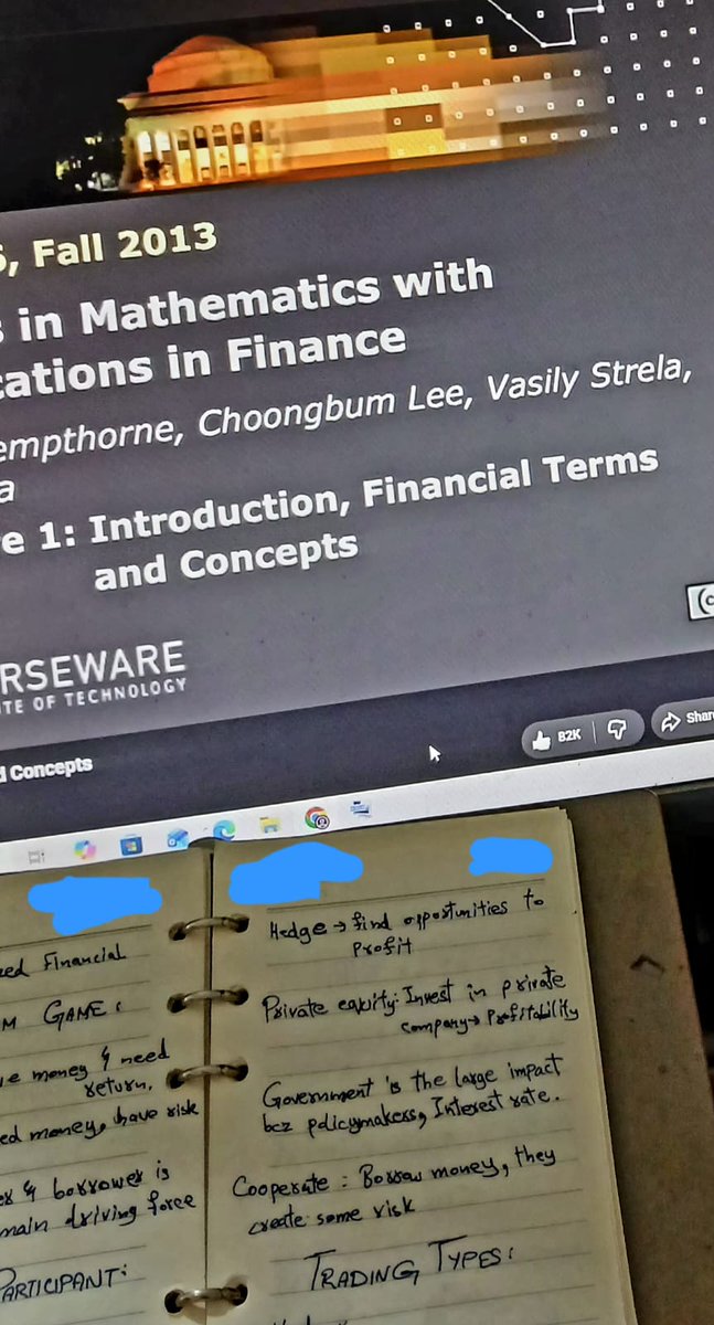 Faiz1520753's tweet photo. It started with a @GoshawkTrades video on skipping the $200k degree.

Now, I'm diving deep into MIT 18.S096 (Math with Applications in Finance) and filling up my notebook with core fundamentals.

Building from scratch is hard🙂
#Quants #trading https://t.co/Rj1qJ7yAD8