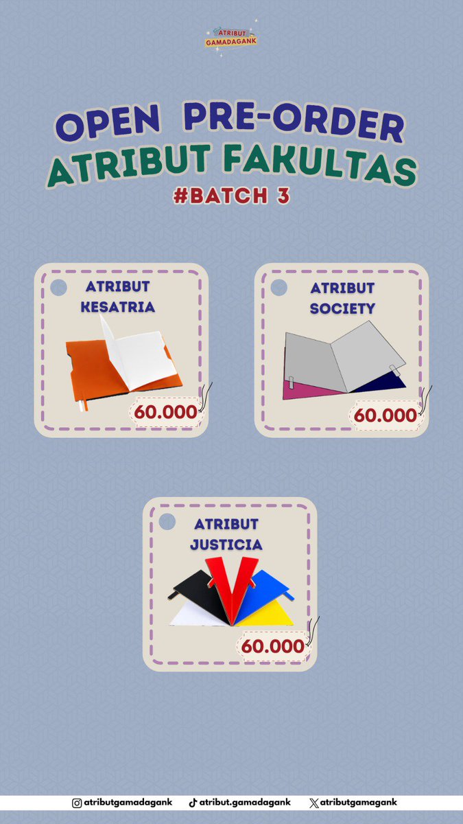 atributgamagank's tweet photo. 🚨 OPEN PRE-ORDER BATCH 3 ATRIBUT PIONIR DAN ATRIBUT FAKULTAS 🚨

kualitas tetep oke, harga tetep ramah di kantong. pemesanan klik link berikut yapp 🤩🫶 https://t.co/BK1e7y3aSw
#zonauang #ugm #pionir https://t.co/PH0m34RgqI
