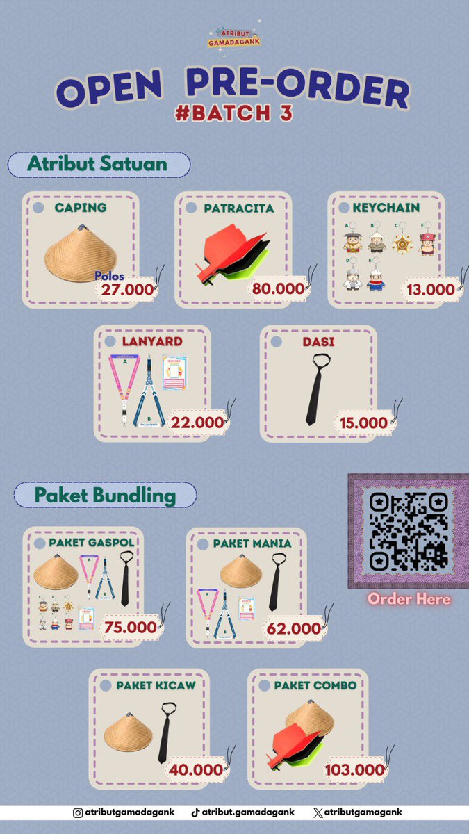 atributgamagank's tweet photo. 🚨 OPEN PRE-ORDER BATCH 3 ATRIBUT PIONIR DAN ATRIBUT FAKULTAS 🚨

kualitas tetep oke, harga tetep ramah di kantong. pemesanan klik link berikut yapp 🤩🫶 https://t.co/BK1e7y3aSw
#zonauang #ugm #pionir https://t.co/PH0m34RgqI