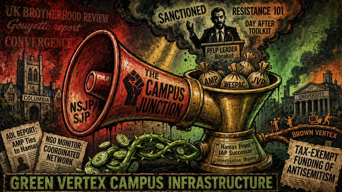 TrustedVector's tweet photo. 5/6 The junction is the campus. AMP, assessed by Virginia's AG as successor to a Hamas front, parents National SJP. The day after October 7, its toolkit hit 250 campuses calling the massacre "the resistance."
SJP, DSA, JVP, and Code Pink shared the encampment "Resist" stage. https://t.co/M9SJThEs0M