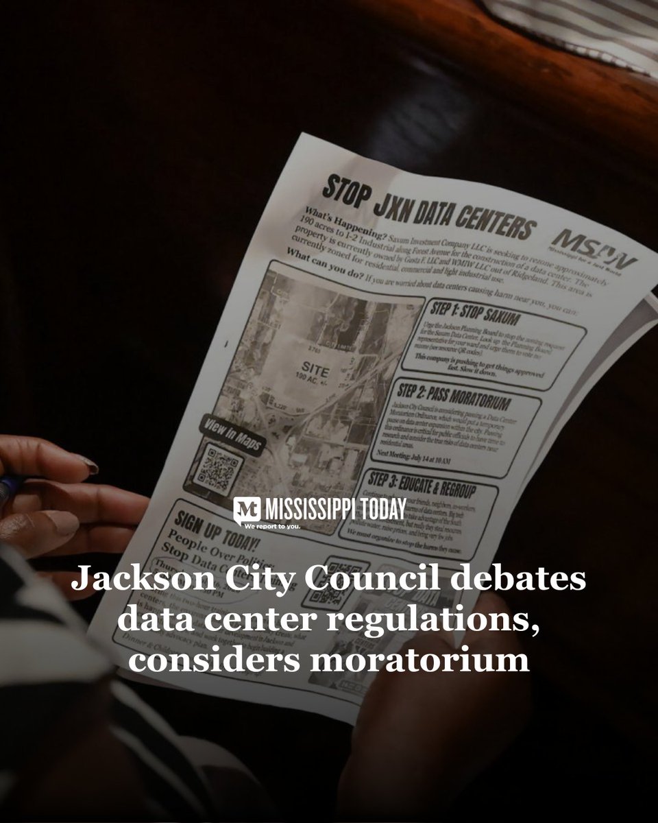 MSTODAYnews's tweet photo. The Jackson City Council will consider a six-month moratorium on data center projects at its next regular meeting. https://t.co/0paBliaqBQ https://t.co/dkqWGmA86z