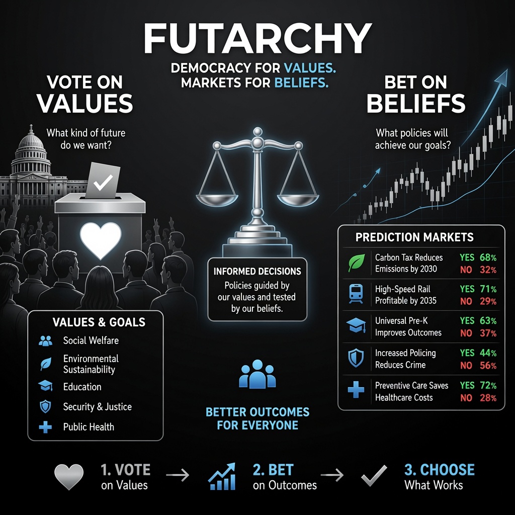 mn_itsmmn's tweet photo. Futarchy by @robinhanson - where we vote on values but bet on beliefs

We vote on what we want as a society (values), but use prediction markets to determine how to achieve it (beliefs)

Evolution or Extinction of politics? https://t.co/NjEnCJXYU8