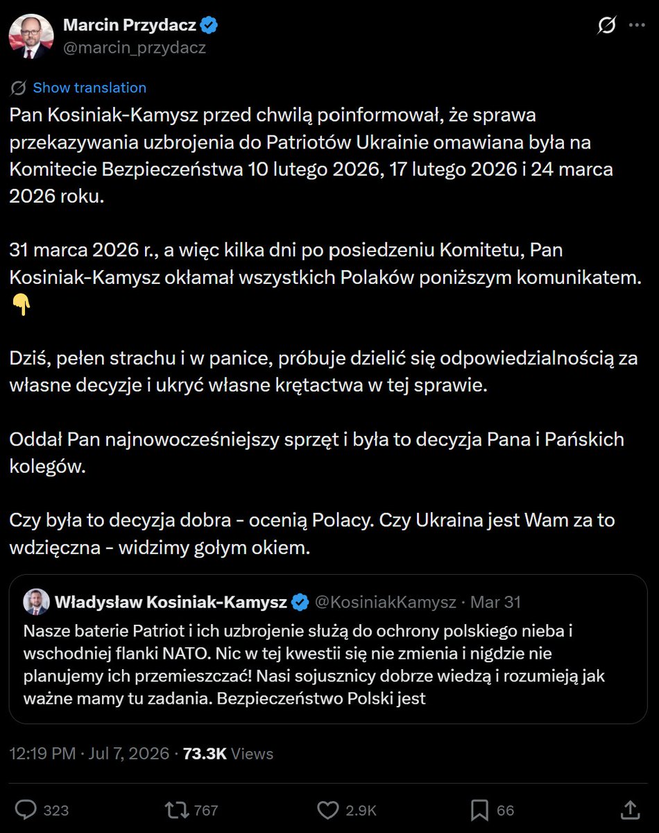 DawidKamizela's tweet photo. Poniższy komunikat dotyczył wysłania na Bliski Wschód baterii Patriot do wsparcia Izraela i Stanów Zjednoczonych po ich ataku na Iran. 

Z kolei na atakowaną Ukrainę trafiło....5 pocisków PAC-3 MSE. 

Albo najważniejsze osoby w państwie nie mają pojęcia o tej "drobnej" różnicy, albo oskarżając o kłamstwa same wprowadzają społeczeństwo w błąd.