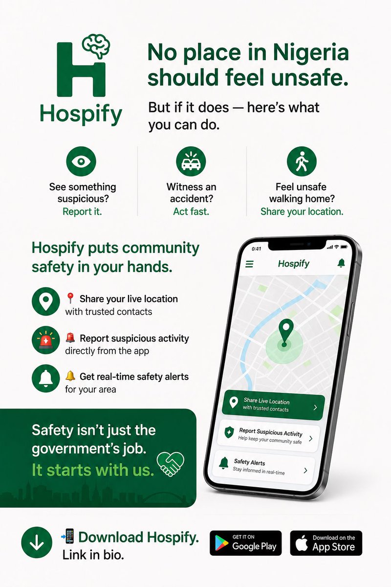 zivahtech's tweet photo. Safety in Nigeria isn’t just SARS, government, or police.
 
It starts with every single one of us.
 
See something. Say something. Stay connected.    #hospify #naijasafety #staysafenigeria #emergencyready #healthcareaccess https://t.co/Qx8okySzp5