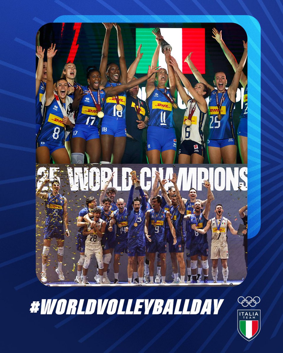 ItaliaTeam_it's tweet photo. Schiacciamo tutti insieme! È la Giornata Mondiale della Pallavolo! 🏐

L’anno scorso abbiamo scritto la storia, salendo su entrambi i troni iridati 🥇

Chi più di noi può essere orgoglioso di questa fantastica disciplina? 🇮🇹

Fieri delle nostre Nazionali e di un movimento leader globale!

Buon #WorldVolleyballDay! 💙

#ItaliaTeam #Volleyball @Federvolley @Olympics @LA28