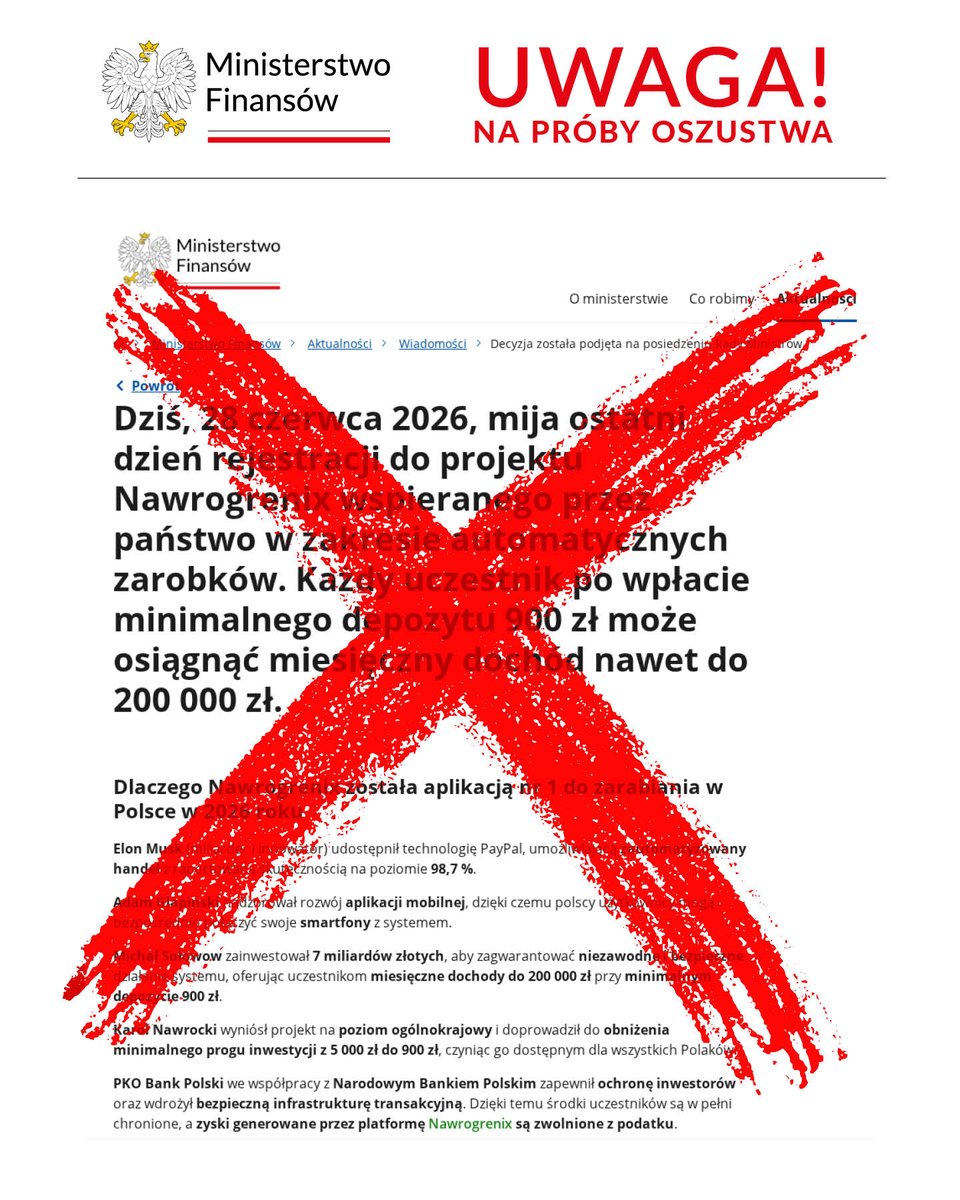 MF_GOV_PL's tweet photo. ⚠️ Uwaga na próby wyłudzenia pieniędzy i danych.
Oszuści rozpowszechniają sfałszowany komunikat Ministerstwa Finansów o rejestracji do projektu mającego rzekomo zapewniać „automatyczne zarobki”.
🚫 Nie klikaj w przycisk!
🔗 https://t.co/NCARvVOKaW https://t.co/CU3HqSaMbB