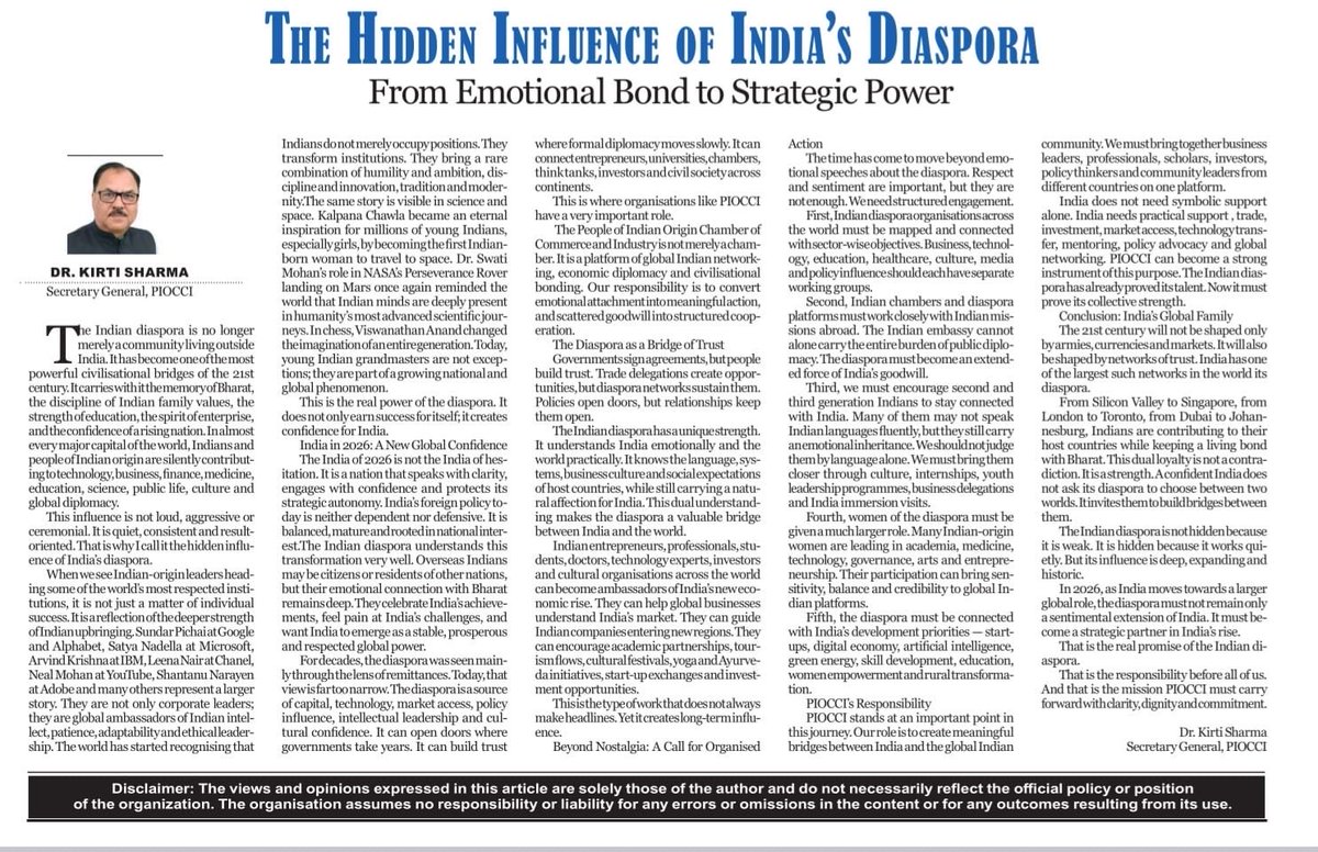 MediaAdvent's tweet photo. The India of 2026 is not the India of hesitation, it is the nation that speaks with clarity &amp; confidence. 

Read this insightful article by Sh Kirti Sharma Gen. Secretary PIOCCI
#india https://t.co/3G59hdZjdM