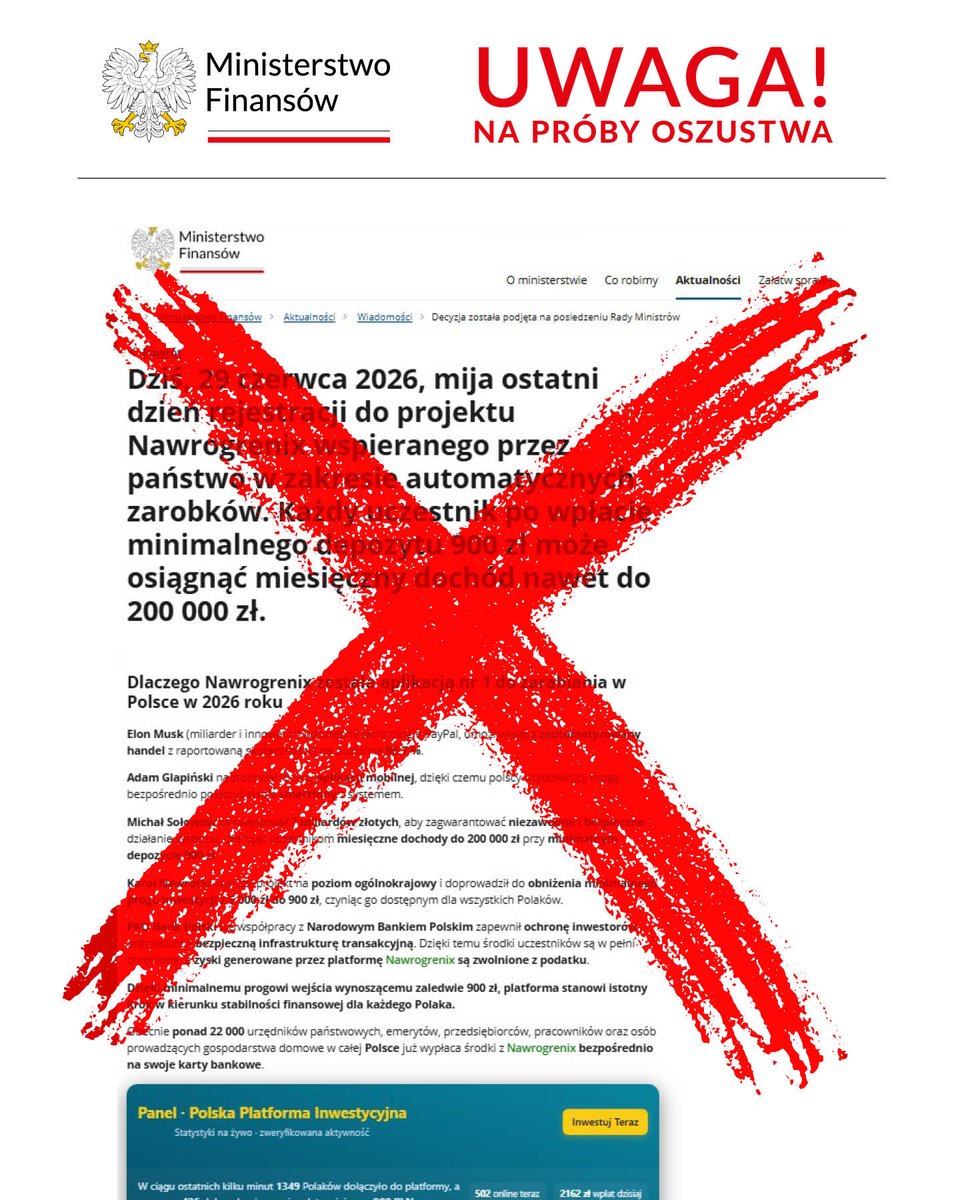 MF_GOV_PL's tweet photo. ⚠️ Oszuści podszywają się pod Ministerstwo Finansów. W sfałszowanym komunikacie reklamują fikcyjny program inwestycyjny. Posługują się wizerunkami osób publicznych, aby wyłudzić pieniądze i dane.
🚫 Nie daj się nabrać!
🔗 https://t.co/NCARvVPi0u https://t.co/hh6DSunTQH
