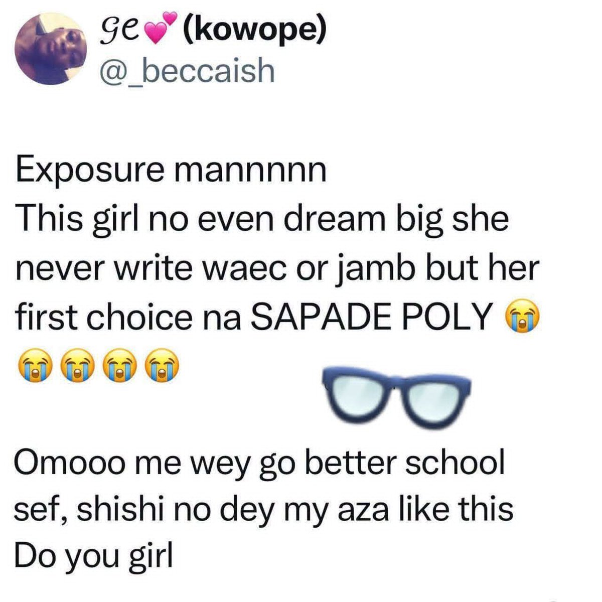 _abdussalama's tweet photo. People often make choices based on their level of exposure. If all you know is one option, it is easy to assume it is the best.

The mention of Sapade in the screenshot is with reference to an Ogun State government-owned polytechnic located in Sapade. https://t.co/AFcCMYDIcf