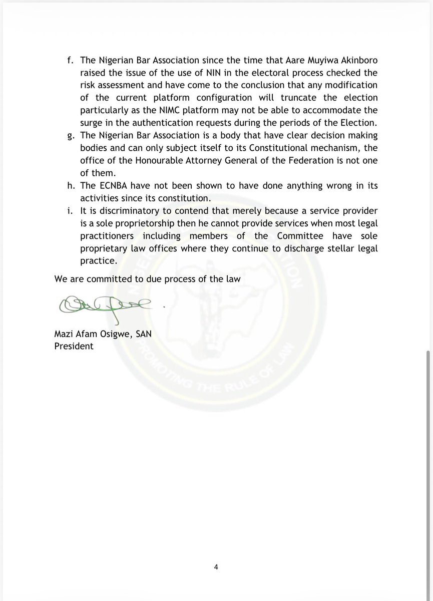 afamosigwe's tweet photo. ONLY THE NATIONAL EXECUTIVE COUNCIL OF THE NBA CAN DIRECT THE POSTPONEMENT OF THE 2026 NBA NATIONAL OFFICERS’ ELECTION

Our attention has been drawn to a document which purports to be a Report of a Sub-Committee and the comments of the Honourable Attorney General which, amongst other things allegedly ordered:

(a) the disbandment of the Electoral Committee of the Nigerian Bar Association and postponement of the election of National Officers,

(b) the termination of the appointment of the current service provider because he is a sole proprietor and the appointment of a new service provider,

(c) the setting up of a caretaker committee to conduct the elections of national officers,

(d) the incorporation of NIN in the data of voters in the conduct of the NBA Election.

(e) the “recalibration” of the NBA Constitution to take away universal suffrage etc.

The Nigerian Bar Association believes that the Honourable Attorney General of the Federation could not issue the said directive as it is entirely unconstitutional, ultra vires the powers of the Honourable Attorney General of the Federation, and an attempt to bring the Nigerian Bar Association under the control of the office of the Honourable Attorney General.

For the record, the Nigerian Bar Association is an independent body not under the control of the Honourable Attorney General of the Federation. By the provisions of section 10(2) of the Legal Practitioners Act, the only time a body distinct from the Nigerian Bar Association is empowered to interfere in the activities of the Nigerian Bar Association is stated clearly therein and none of the events have occurred as to entitle the Honourable Attorney General to take the position stated in the purported directive.

We are strengthened in our belief that the Honourable Attorney General could not have given the purported directives when in fact the purported directives are no different from the reliefs sought in the two Egbe Amofin Cases pending at the High Court of Oyo State. Indeed, the Honourable Attorney General cannot grant reliefs sought in the two Egbe Amofin suits in his capacity as a convener of a mediation meeting or even as the Chief Law Officer of the Federation. The Honourable Attorney General is at best a party/mediator, and it is settled that a mediator does not give directives to the parties in a matter in which he is a party.

All Past Presidents of the Nigerian Bar Association in attendance, to the exclusion of Chief Wole Olanipekun, were of the view that the cases initiated by Egbe Amofin are frivolous and should be withdrawn. It was therefore the decision of the attendees of the meeting that the Sub-Committee set up is to ONLY liaise with the contending parties for the purpose of overseeing the withdrawal of the actions. The Sub-Committee was never empowered to make any inquest as to the conduct of the President of the Nigerian Bar Association to the extent of making far-reaching condemnations against him when he is not a candidate in the election. Their reliance on the memos submitted by some candidates as the basis for those findings violates the constitutional safeguard of fair hearing as the President was never served with those memos to enable him make a response before such condemnations were made, assuming he was a necessary person to appear before the Sub-Committee.

The resolution of the meeting of 11 June 2026 is that the Sub-Committee is to report to the entire body at a reconvened meeting. From the face of the purported report, it is clear that none of those who attended the 11 June 2026 meeting were availed a copy of the purported report or made any input to it. Assuming without conceding that they have received the report, the meeting cannot give the directions as it violates the Legal Practitioners Act and the Nigerian Bar Association Constitution.

1/3