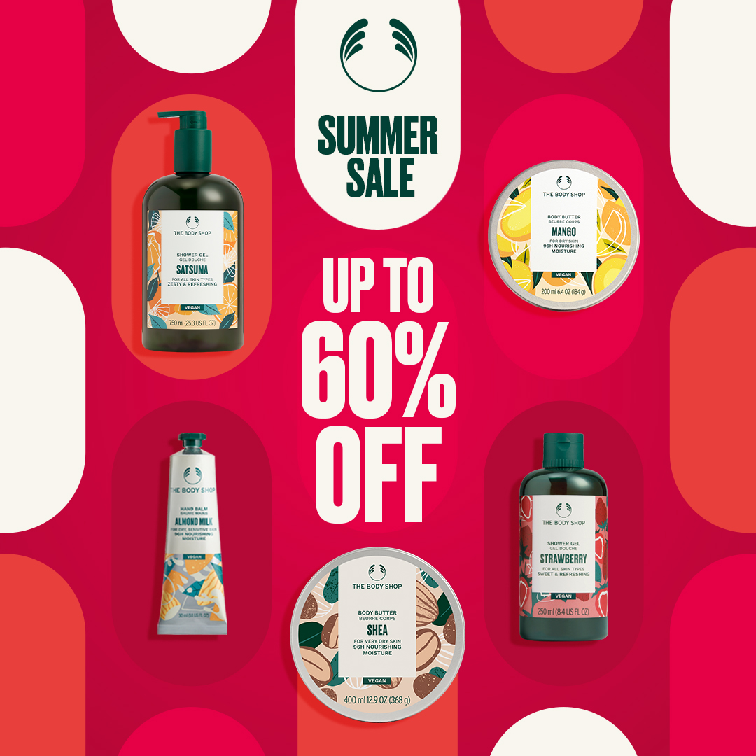 stoneroadmall's tweet photo. The Body Shop Summer Sale Starts NOW
The Summer Sale is officially here! Shop up to 60% OFF, discover exclusive body care deals, and enjoy 40% OFF the rest of the store. Your favourites won't stay on sale forever.
Exclusions may apply. #stoneroadmall #StayTrue https://t.co/VFN3JFo3ad