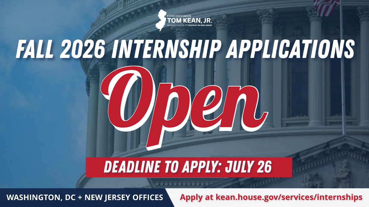 CongressmanKean's tweet photo. Fall 2026 internship applications are officially open!

Positions are open in both my Washington, D.C. and Lebanon Borough, NJ offices. 

The deadline to apply is July 26 at 11:59 PM. Learn more and apply at https://t.co/jCT8qsHBQE https://t.co/h0lD6m0EBO