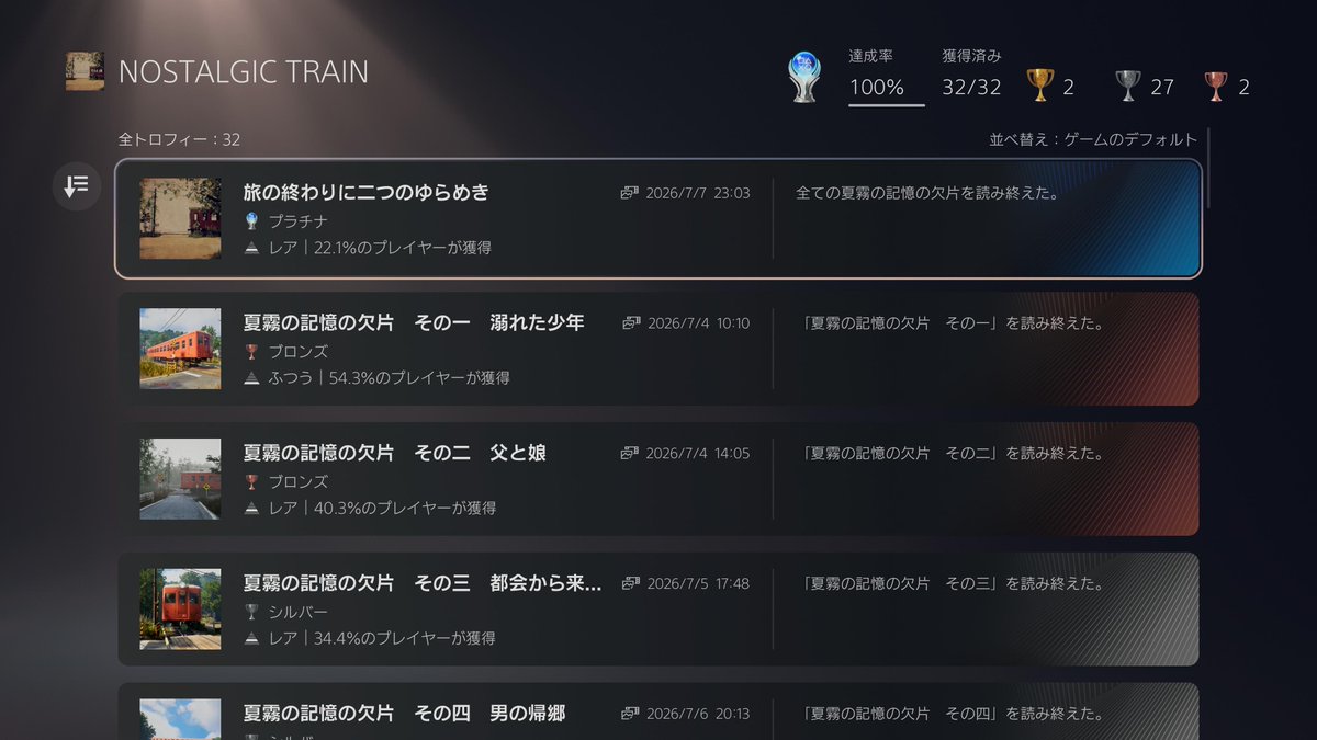 mi_taro_0116's tweet photo. Platinum 2384＆2385：#NostalgicTrain
🕑 4h

ノスタルジックトレインをPS4＆PS5でトロコンしました！⛩️🚃🏆✨
誰もいない美しい原風景とそこに散りばめられた切ない人間模様を追体験する不思議な作品でした📖
ぼくなつを思い起こさせる夏の空気感がとってもよかったです☺️🌻🐞🎣

#PlayStationTrophy https://t.co/vxjbFDj7QT