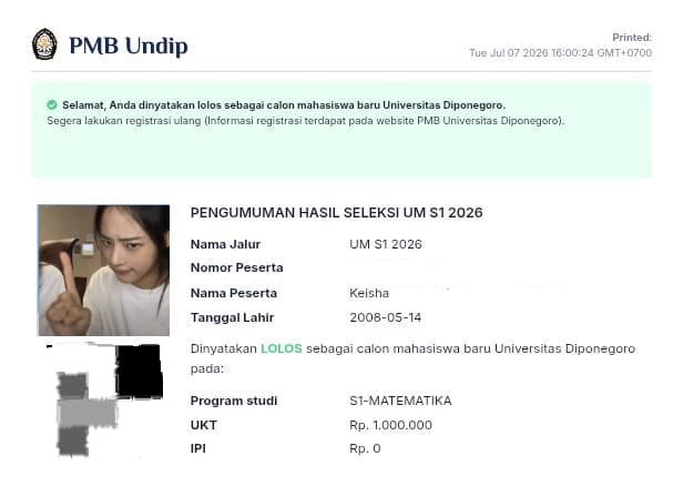 minjiieh's tweet photo. Alhamdulillah setelah ketolak itb ipb lolos juga undip, undip baik banget makasii undip 😻😻 https://t.co/NPciBJRFhj