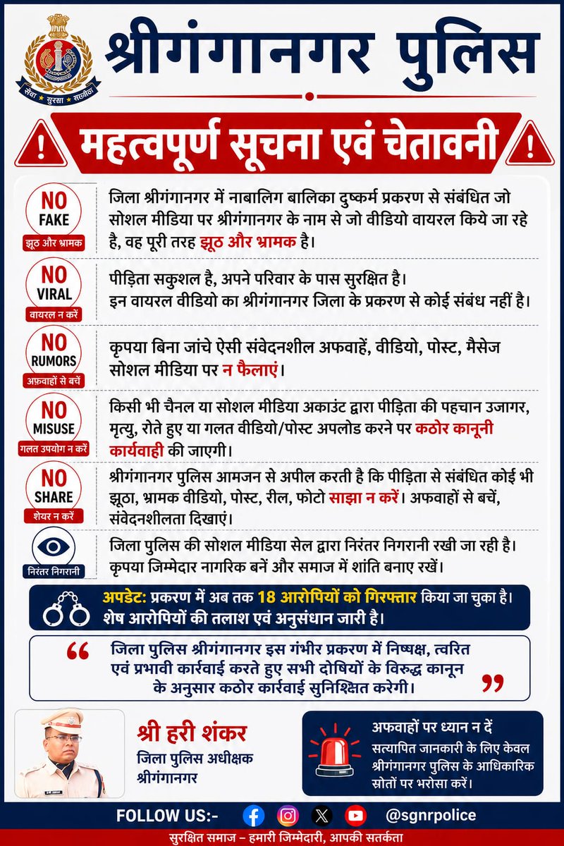 sgnrpolice's tweet photo. जिला श्रीगंगानगर में नाबालिग बालिका दुष्कर्म प्रकरण से संबंधित जो सोशल मीडिया पर श्रीगंगानगर के नाम से वीडियो वायरल किये जा रहे है, वह पूरी तरह झूठ और भ्रामक है।

पीड़िता सकुशल है,अपने परिवार के पास सुरक्षित है। इन वायरल वीडियो का श्रीगंगानगर के प्रकरण से कोई संबंध नहीं है।* https://t.co/anh8D9vkUD