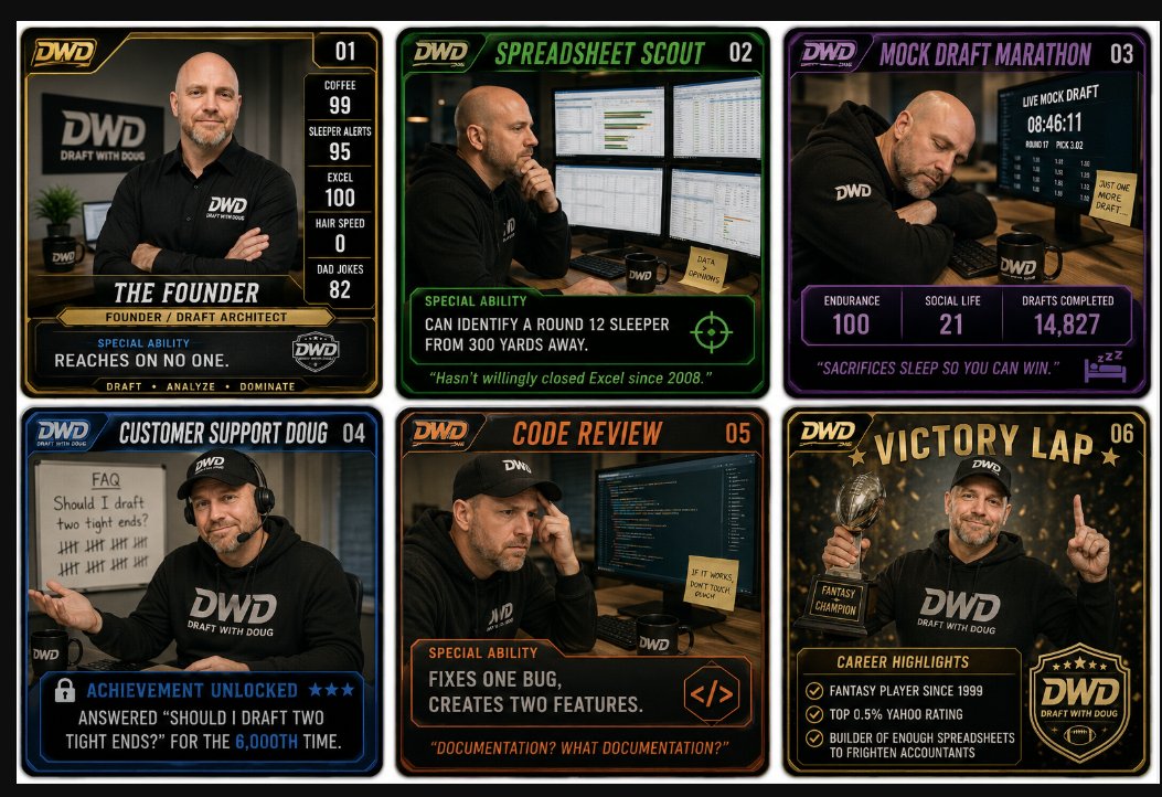 DraftWithDoug's tweet photo. We listened. DWD Trading Cards are back in stock.

Don’t overpay on eBay. Get them now at https://t.co/AJTkSNAuvC.

Draft With Doug Fantasy Football
Serious Tools. Questionable Merch.