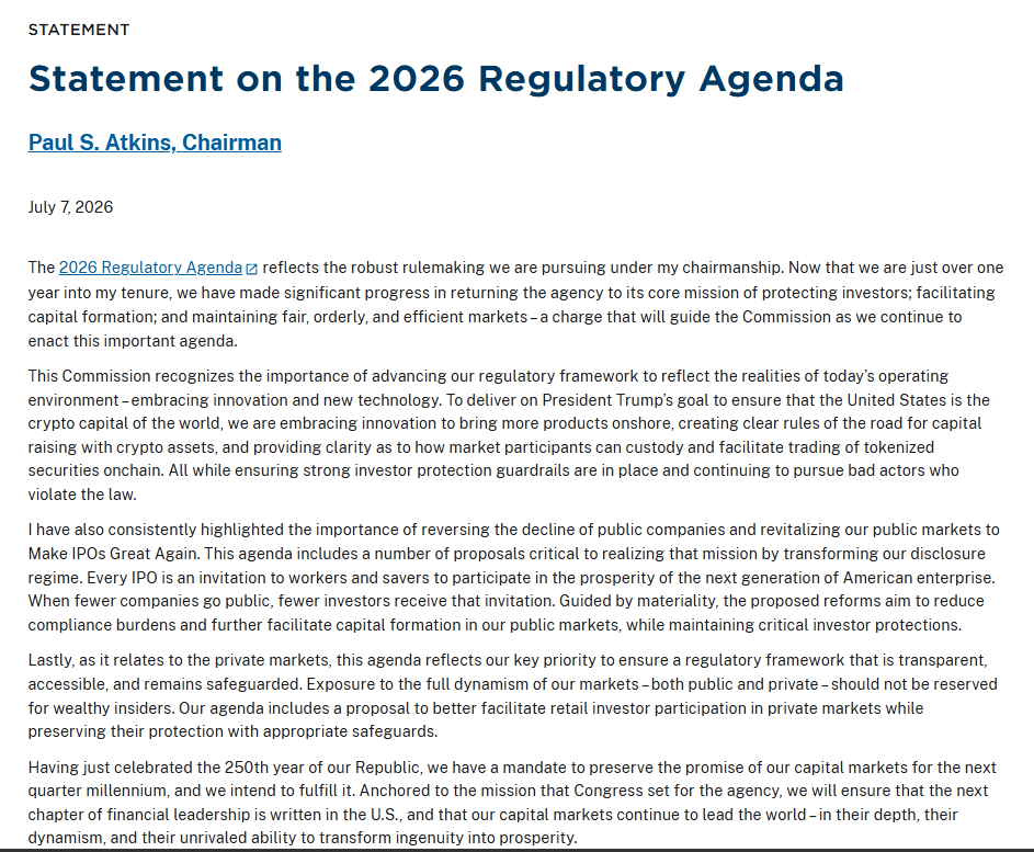 808CG1's tweet photo. MMTLP NBH #SECdenials #SECFOIAfraud

The SEC’s latest 2026 Regulatory Agenda highlights innovation, crypto expansion, IPO revitalization, and broader retail access to private markets, but it still does not address the unresolved MMTLP issue.

Yes, many forward‑looking priorities are outlined, from embracing new technology to strengthening investor protection guardrails. But none of these commitments acknowledge the thousands of investors still waiting for answers about the MMTLP trading halt, missing transparency, and the events that occurred over 1,300 days ago.

If the SEC is serious about “protecting investors” and maintaining “fair, orderly, and efficient markets”, then resolving past market failures must be part of that mission. 

When will we start to do our job and enforce the rules already established?

We need advocacy, engagement, and action; not silence, to finally bring closure to the MMTLP community.

https://t.co/fqc8PIAMTi