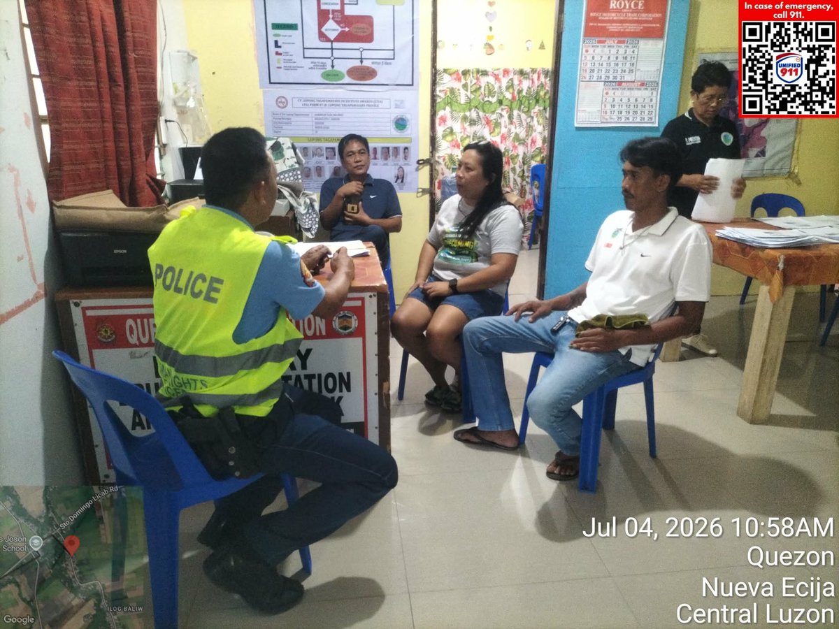 QuezonPnp_Ne's tweet photo. On July 4, 2025 at about 10:58 AM, personnel of Quezon MPS, led by PSSg Ernesto E Punong Bayan, duty patroller, under the supervision of PMAJ ROBERT B DE GUZMAN, COP,   conducted dialogue on crime prevention measures among BPATs members at Brgy Ilog Baliwag, Quezon, N.E. https://t.co/DmLpUME5uB