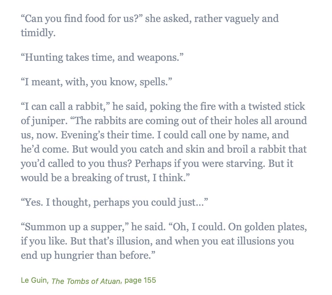 LMSacasas's tweet photo. I found this slice of dialogue from Ursula Le Guin to be such an apt illustration of the nature of our situation in the present media environment. "When you eat illusions you end up hungrier than before." https://t.co/zYfHuwa3UP