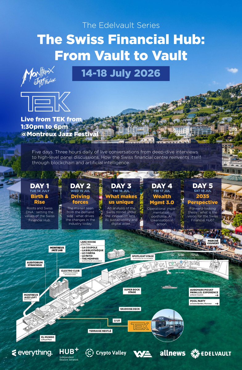 thecryptovalley's tweet photo. Next week, CVA heads to the Montreux Jazz Festival for The Edelvault Series, organised with Edelvault SA. Five days, one editorial series: experts, entrepreneurs and industry leaders from traditional finance and digital assets, live from TEK, documenting and shaping the next chapter of the Swiss Financial Hub.

CVA members are taking the stage, including our own @JeromeBailly and @Ilya_YouHodler:

14–18 July 2026

Full agenda: https://t.co/JUZNl2uEfQ

See you at TEK.