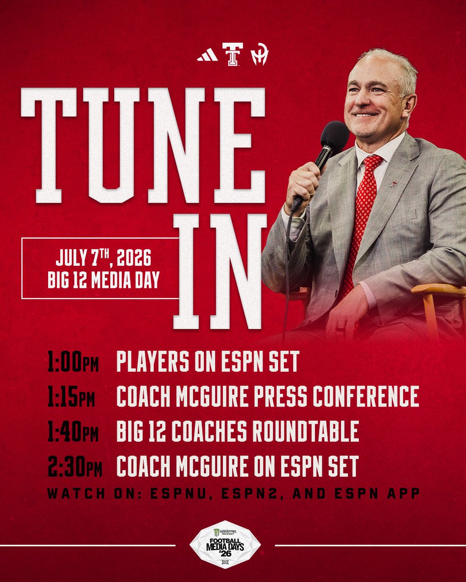 TexasTechFB's tweet photo. What’s on tap today 🎙️ https://t.co/SK6NgZyyYJ