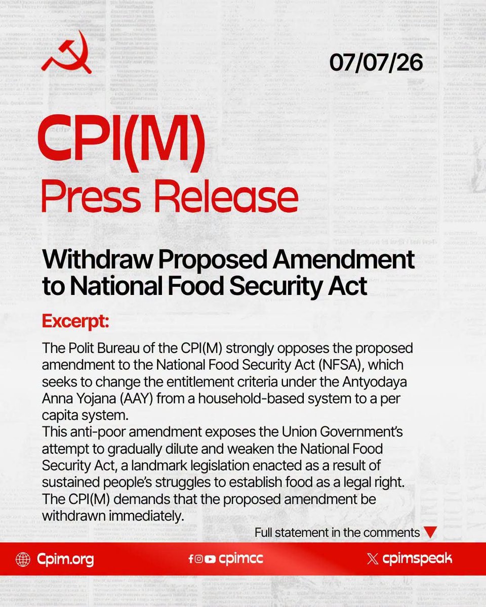apcpim's tweet photo. CPI(M) Polit Bureau Demands the Withdrawal of the Proposed Amendment to the National Food Security Act https://t.co/3cKHisN47N