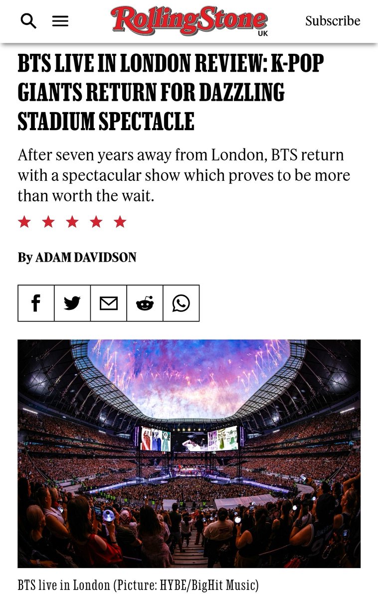 BTSDailyChile's tweet photo. Rolling Stone U.K, le otorga una calificación de 5/5 al primer concierto de #BTS en Londres

"La gira mundial ARIRANG no fue simplemente una forma de presentar de nuevo a BTS al mundo tras su pausa; fue una coronación. El grupo surcoreano recuperó su trono como la banda más grande del mundo con gran estilo. A pesar de su legado, sus innumerables éxitos y su entusiasta base de fans, BTS no se durmió en los laureles. En cambio, ofrecieron una clase magistral a los fans que habían esperado siete años para verlos en el escenario. Fue una actuación impecable, que combinó todos los elementos que han hecho a BTS tan popular a lo largo de los años: éxitos que llenan la pista de baile, carisma y talento escénico por parte de cada miembro, y una conexión genuina con sus fans para crear algo totalmente a la altura de esa prolongada ausencia."

© https://t.co/4b5zun50rS