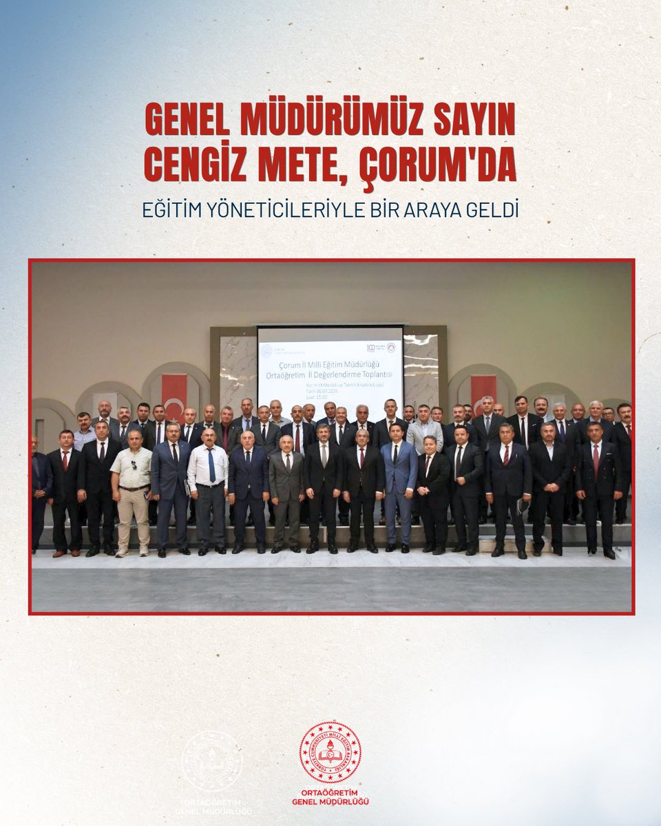 meb_ogm's tweet photo. GENEL MÜDÜRÜMÜZ SAYIN CENGİZ METE, ÇORUM'DA EĞİTİM YÖNETİCİLERİYLE BİR ARAYA GELDİ
📌 Genel Müdürümüz Sayın Cengiz METE, Çorum'da düzenlenen il değerlendirme toplantısında eğitim yöneticileriyle bir araya gelerek ortaöğretime yönelik çalışmaları değerlendirdi.
👥 Toplantıya İl Millî Eğitim Müdürü Cemil ÇAĞLAR, il ve ilçe millî eğitim yöneticileri ile Ortaöğretim Genel Müdürlüğüne bağlı resmî ortaöğretim kurumlarının okul müdürleri katıldı.
📚 Toplantıda; Türkiye Yüzyılı Maarif Modeli kapsamında yürütülen çalışmalar, akademik başarıyı destekleyen uygulamalar, okul iklimi, okul güvenliği ve yeni eğitim öğretim yılına yönelik planlamalar ele alındı.
🎯 Ayrıca değer temelli eğitim, öğretmenlerin mesleki gelişimi, okul yöneticilerinin liderlik rolleri ve eğitim ortamlarının güçlendirilmesine yönelik değerlendirme ve öneriler paylaşıldı.
🔗 Detaylar 👉https://t.co/R3CL7edO3U

@tcmeb @Yusuf__Tekin @farukyelkenci @cengizmete