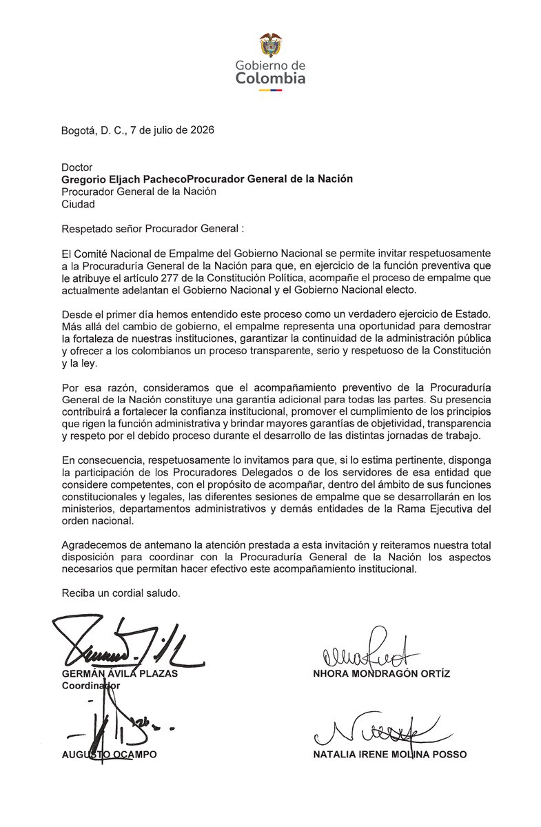 infopresidencia's tweet photo. El Comité Nacional de Empalme del Gobierno Nacional se permite invitar respetuosamente a la @PGN_COL  para que, en ejercicio de la función preventiva que le atribuye el artículo 277 de la Constitución Política, acompañe el proceso de empalme que actualmente adelantan el Gobierno Nacional y el Gobierno Nacional electo.
