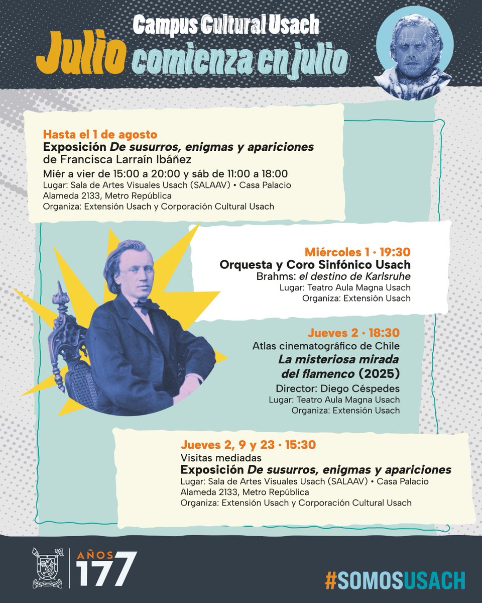 vimeusach's tweet photo. ¿Sin panorama este julio? En el Campus Cultural Usach hay de todo (y para todes) con conciertos, cine, talleres y recorridos 🤩

✨ Disfruta de nuestras orquestas, muestras y actividades en este mes de aniversario.

📅 ¡Elige tus favoritos!

#CampusCulturalUsach #SomosUsach https://t.co/Y5f9H9hoRb