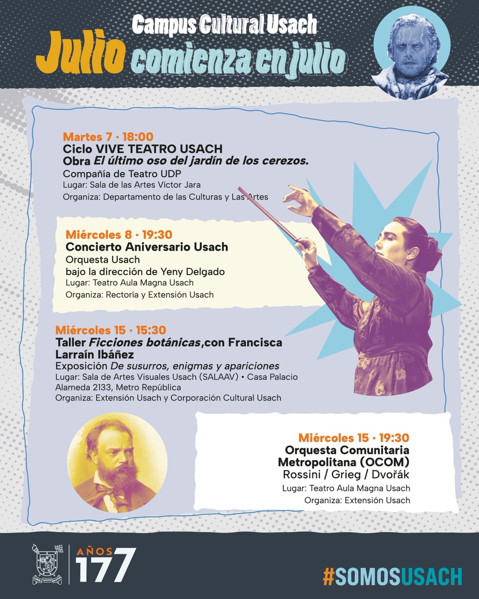 vimeusach's tweet photo. ¿Sin panorama este julio? En el Campus Cultural Usach hay de todo (y para todes) con conciertos, cine, talleres y recorridos 🤩

✨ Disfruta de nuestras orquestas, muestras y actividades en este mes de aniversario.

📅 ¡Elige tus favoritos!

#CampusCulturalUsach #SomosUsach https://t.co/Y5f9H9hoRb