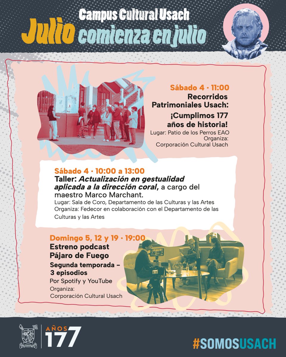 vimeusach's tweet photo. ¿Sin panorama este julio? En el Campus Cultural Usach hay de todo (y para todes) con conciertos, cine, talleres y recorridos 🤩

✨ Disfruta de nuestras orquestas, muestras y actividades en este mes de aniversario.

📅 ¡Elige tus favoritos!

#CampusCulturalUsach #SomosUsach https://t.co/Y5f9H9hoRb