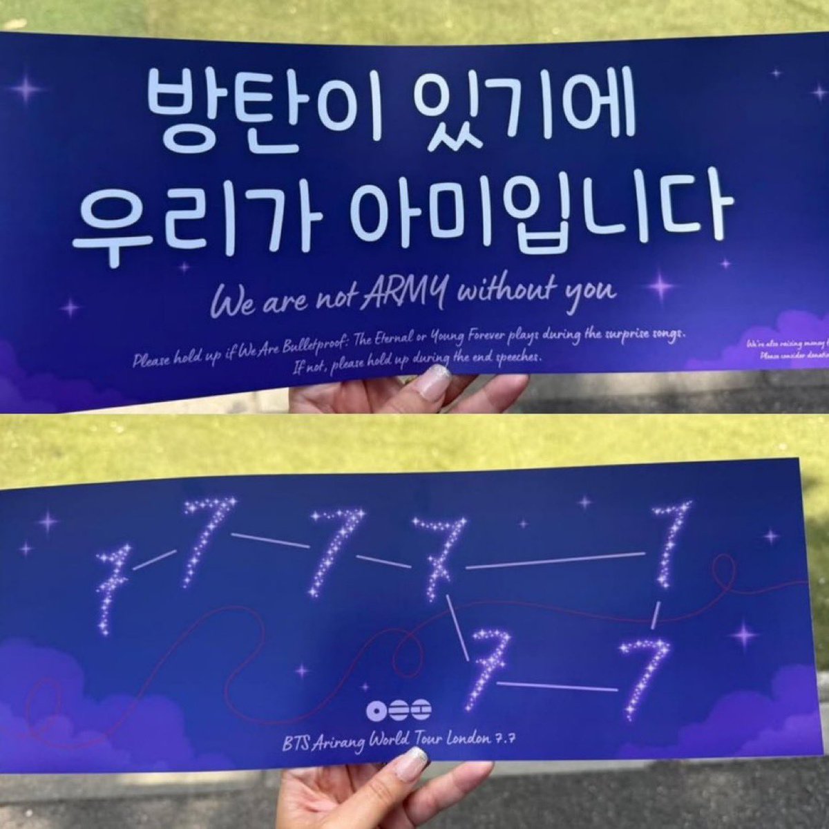 JUNG9795_'s tweet photo. fan project arirang London Day 2 cantik bgt 🥹 
mereka bikin banner dgn tattoo 7 bangtan yg kalo digabung membentuk rasi bintang Big Dipper 🌌💜

tulisan dibannermnya:
“kalo nggak ada BTS, nggak akan ada ARMY”

sesimpel itu, tapi langsung bikin deg… janji gak nangis 😭🫂💜 https://t.co/surMHNLjM4