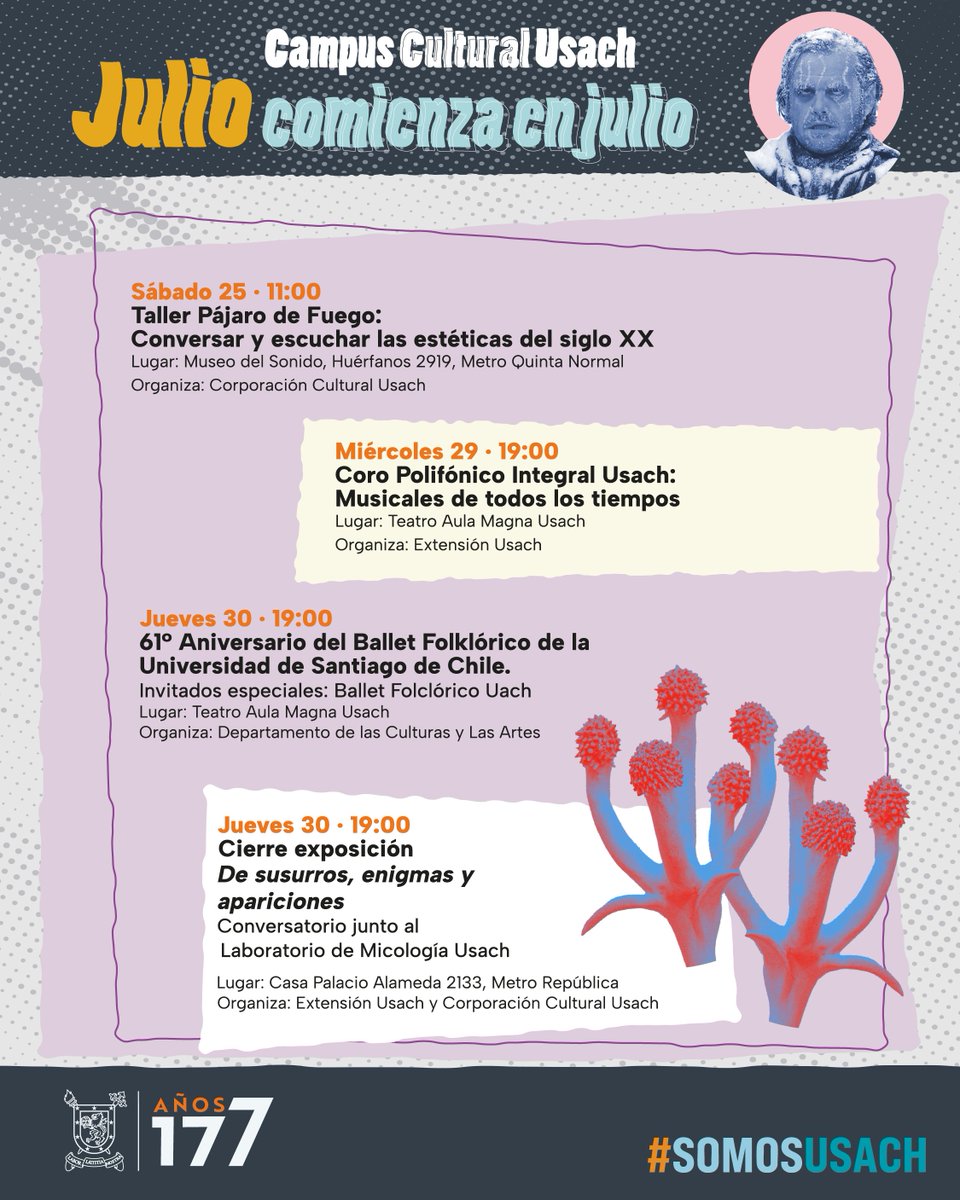 vimeusach's tweet photo. ¿Sin panorama este julio? En el Campus Cultural Usach hay de todo (y para todes) con conciertos, cine, talleres y recorridos 🤩

✨ Disfruta de nuestras orquestas, muestras y actividades en este mes de aniversario.

📅 ¡Elige tus favoritos!

#CampusCulturalUsach #SomosUsach https://t.co/Y5f9H9hoRb