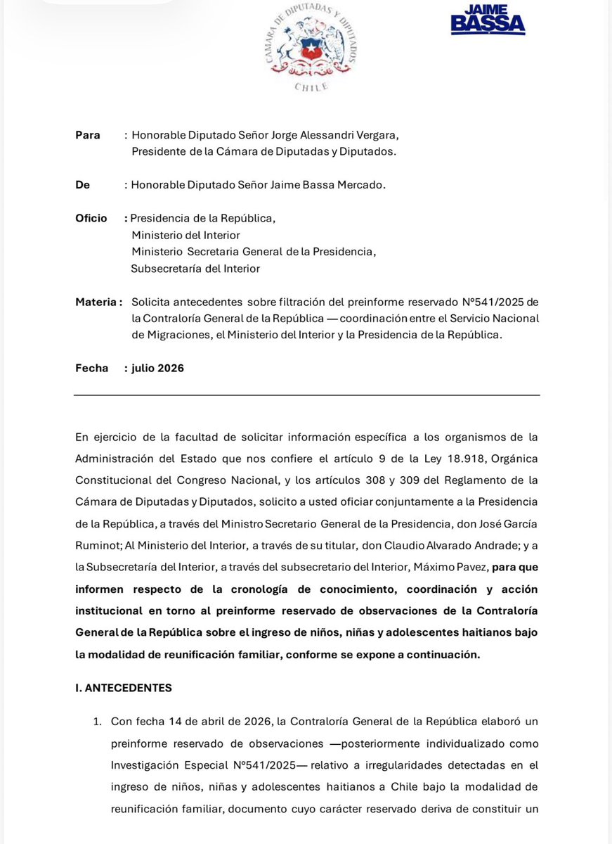 Jaime_Bassa's tweet photo. Oficiamos a la CGR para que esclarezca la filtración de un informe de carácter reservado, a propósito del caso sobre el paradero de las NNA haitianas. La CGR debe tener estándares de reserva acordes a la gravedad de los asuntos que maneja. https://t.co/pn2omSTWu9