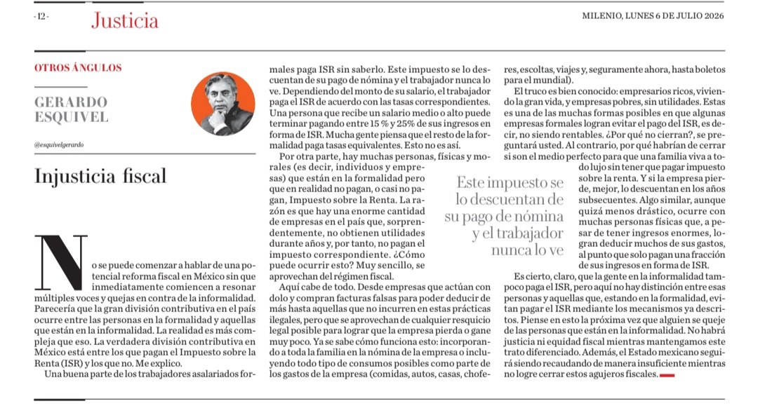 esquivelgerardo's tweet photo. Mi columna de esta semana en @Milenio: "Injusticia Fiscal":

La verdadera división Fiscal en México no es formalidad vs informalidad, sino quién paga ISR y quién no. 

https://t.co/XyeFn3DYS3 https://t.co/lzVCsTtGMf