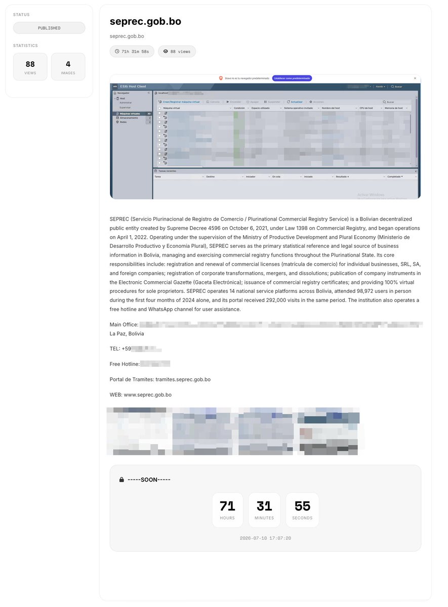 _venarixES_'s tweet photo. El grupo #Krybit ha publicado en su blog al Servicio Plurinacional de Registro de Comercio 🇧🇴 (@SEPRECBolivia) como posible víctima de un #ciberataque #ransomware.
#SEPRECBolivia es un organismo gubernamental que administra y supervisa el registro mercantil nacional de empresas en #Bolivia 🇧🇴.
@MDPRyABolivia
Monitorea este incidente en #VenariX ➡️ https://t.co/OW9Te2XdwS
#InfoSec #Ciberseguridad #CyberAttack #SEPREC #DarkWeb #LaPaz