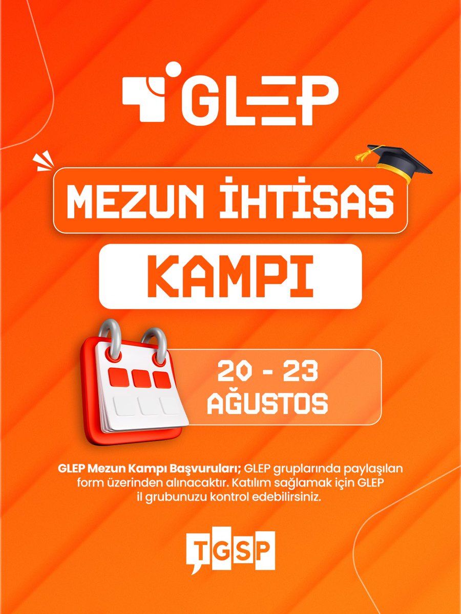 tgsptr's tweet photo. GLEP Mezun İhtisas Kampı başlıyor! 🎓

20-23 Ağustos tarihlerinde gerçekleştirilecek GLEP Mezun İhtisas Kampı, mezunlarımızı eğitim, gelişim ve güçlü bir iletişim ağı etrafında yeniden bir araya getiriyor.

Başvurular, GLEP il gruplarında paylaşılan başvuru formu üzerinden alınacaktır. Katılım süreciyle ilgili detaylar için il grubunuzu takip edebilirsiniz.