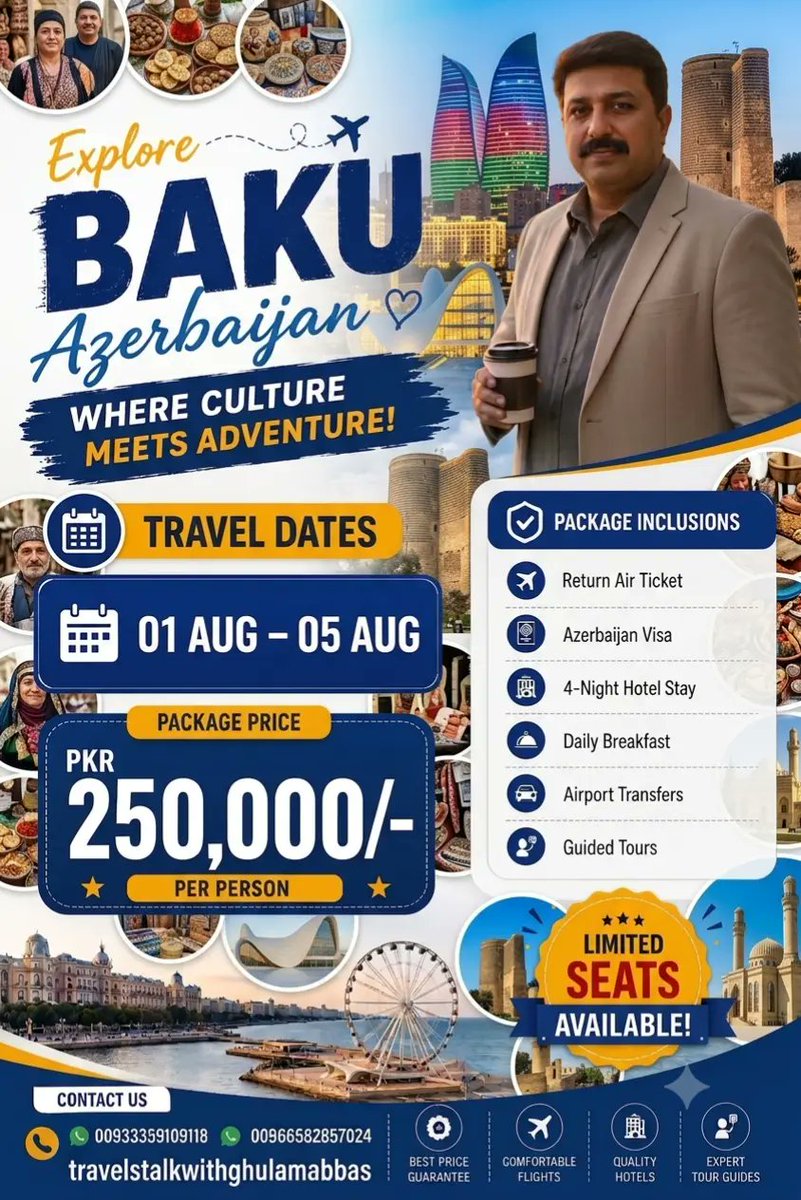 abbasscience's tweet photo. Baku Trip Itinerary
 (Lahore → Baku – Exclusive June Package)

Package Details
- *Departure city:* Lahore.
- *Tour dates:* 
- 01 August – 05  August 

*Inclusions*
- ✈️ *Return air ticket* (Lahore ↔ Baku).
- 🛂 *Azerbaijan visa* assistance.
- 🏨 *4‑night* stay in  4‑star hotel https://t.co/iBnv9wPwId