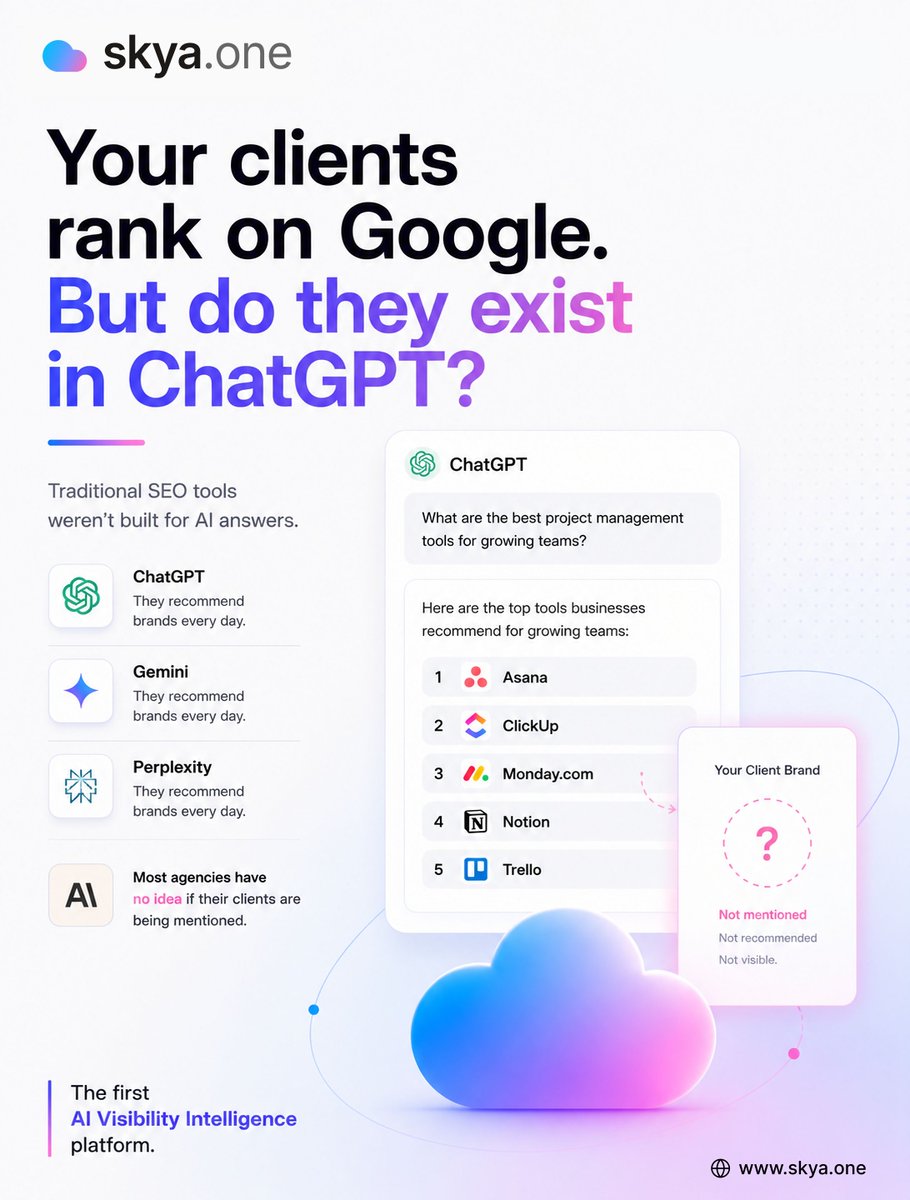 skya_one's tweet photo. AI just became the world's most trusted search engine. 👀
Nobody sent a memo.

Buyers are asking ChatGPT and Gemini for brand recommendations, right now. 🔍
Does your brand show up?

Find out in minutes. https://t.co/ChnkuwrM1o 🎯

#SKYA #AIVisibility #AEO #ChatGPT https://t.co/rw8go8h5ZZ