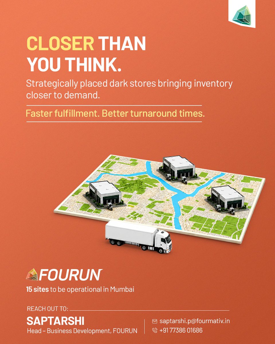 Fourmativ's tweet photo. To be operational across 15 locations in Mumbai,  FOURUN is building the infrastructure layer powering faster urban commerce.

Explore network access and site availability with:
Saptarshi
Head – Business Development, FOURUN
saptarshi.p@fourmativ.in
+91 77386 01686

#FOURUN https://t.co/l8XJ1GVcgC