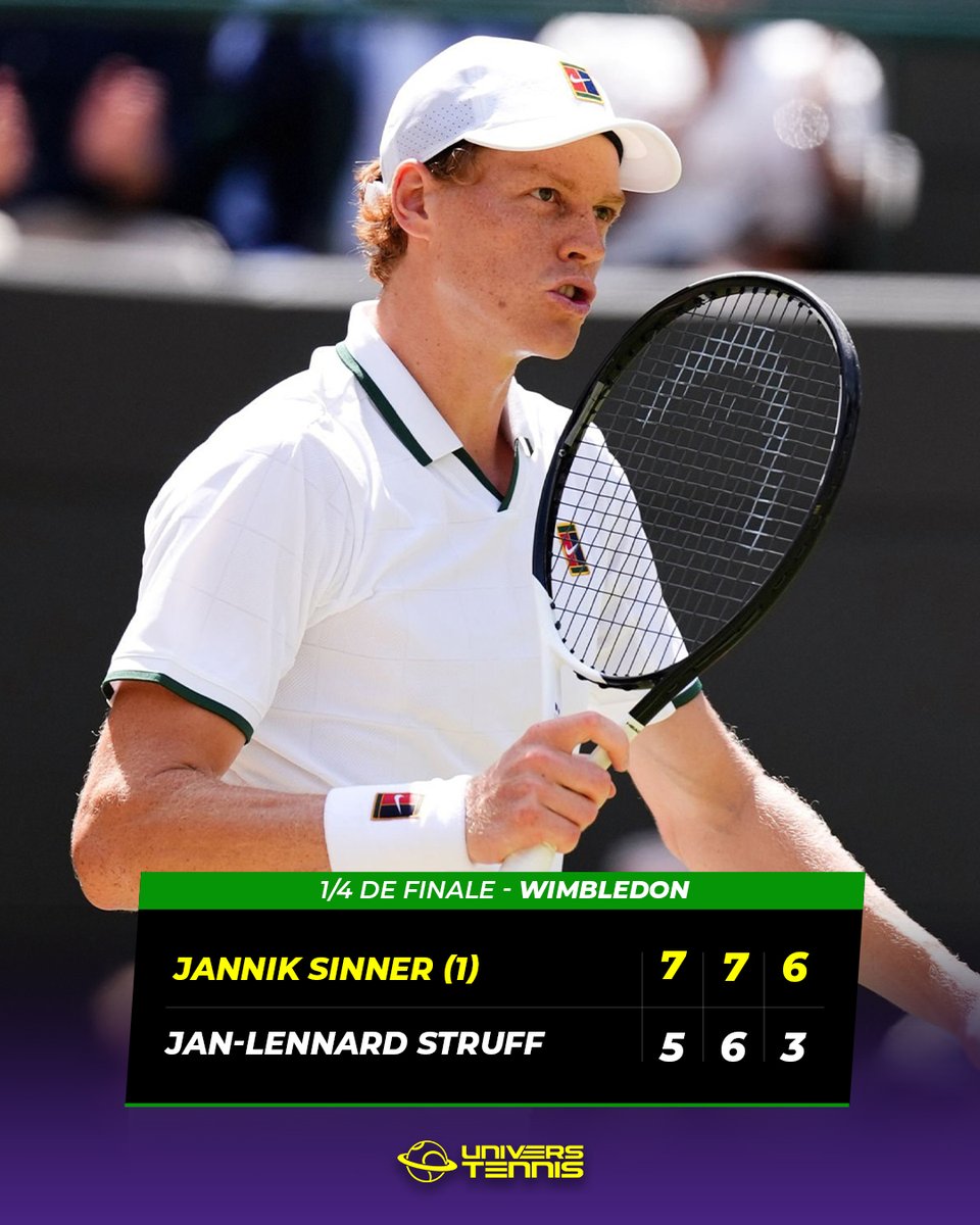 UniversTennis's tweet photo. TROISIÈME DEMI-FINALE À #WIMBLEDON

Jannik Sinner écarte Jan-Lennard Struff en trois sets et se qualifie pour sa 10e demi-finale en Grand Chelem. 🔥🇮🇹

Le n°1 mondial affrontera Novak Djokovic ou Félix Auger-Aliassime pour une place en finale.
