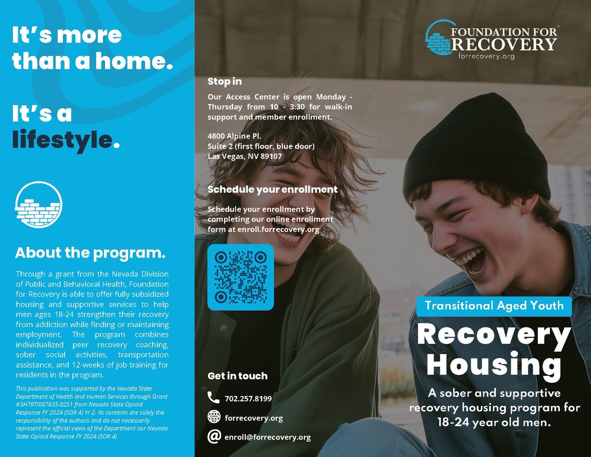 ForRecovery's tweet photo. DYK Foundation for Recovery’s Member Living program provides subsidized housing, recovery support, and job training to men ages 18-24? Through a generous grant we’re able to provide no-cost housing and supportive services for members of the program for up to a year, assisting young adults transition from treatment programs to sustained recovery and independent living.

#lasvegas #RecoveryHousing #SoberLiving #RecoveryCommunity #peersupport #AffordableHousing #ClarkCounty #Nevada #NV #ForRecovery #RecoveryWorks #WeDoRecover