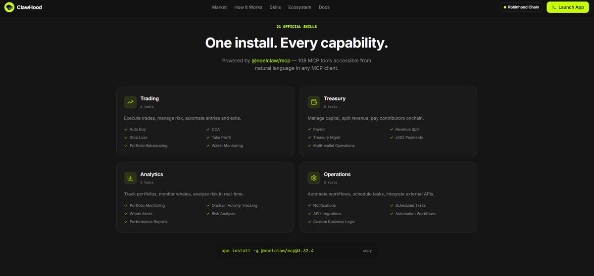 clawhoodfun's tweet photo. Every agent starts with a minimal core.

Its capabilities come from installable skills
Official skills are powered by NoelClaw MCP.

Community developers can publish their own skills through the marketplace, allowing anyone to extend an agent without modifying its core logic.

https://t.co/T4c1PcKicG