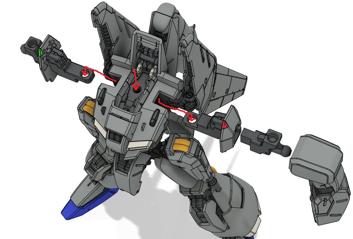 ns32v's tweet photo. Fusion/Fusion360製MSZ-006 Zplus
きょうはちょびっと。
肩口のフレームは首から下に向けての貫通シャフトで抜け止めにしとく。いうかハラマキは前後で厚みあるでどこでも通せるけど、首軸・肩軸・腰軸の位置がどうたいハラマキ中心から前後でズレとるで、ぜんぶを通す芯にするんがなかなかメンドイ😝 https://t.co/FdnZGDYUEw