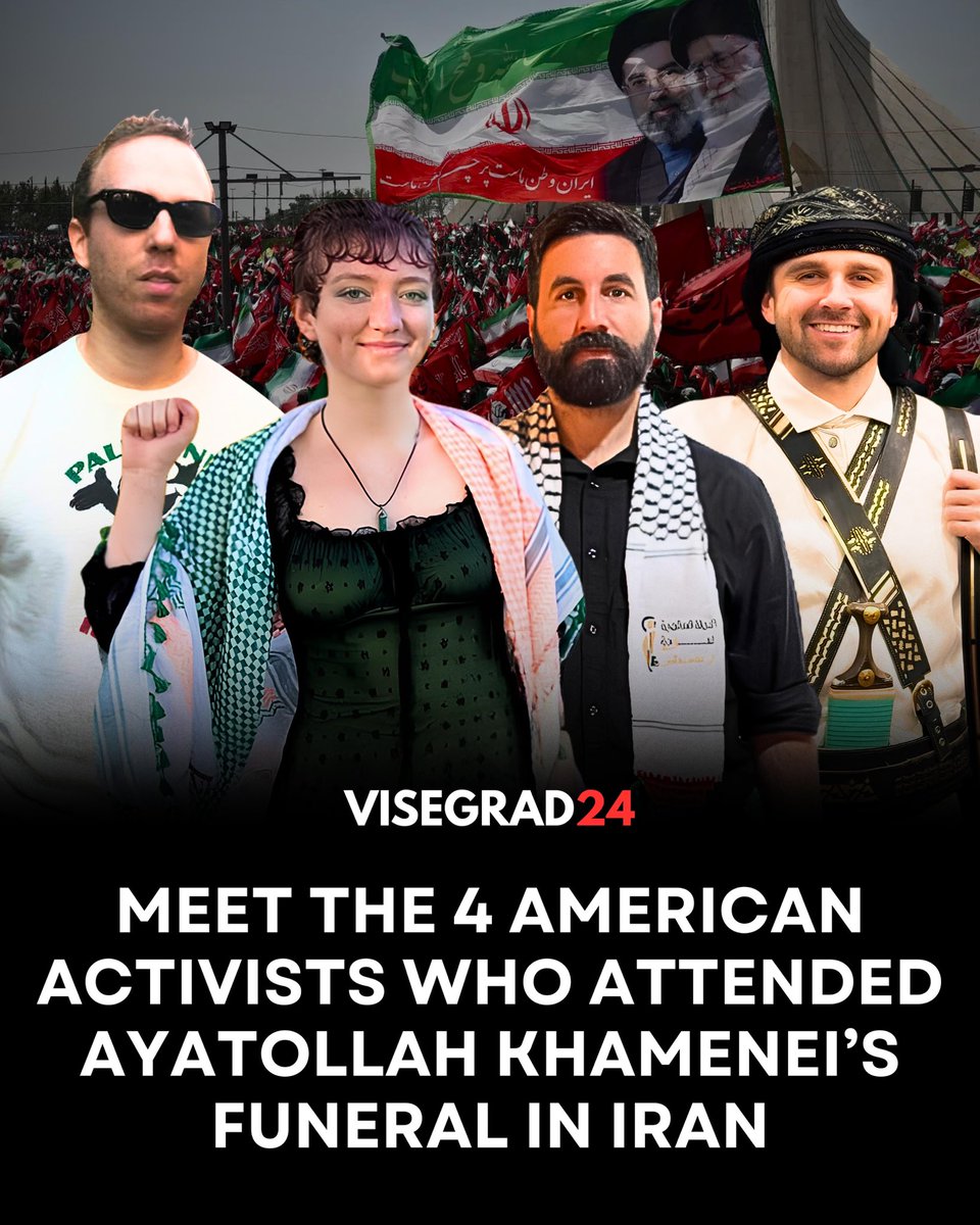 visegrad24's tweet photo. 🇺🇸🇮🇷 Meet the four American influencers who attended Ayatollah Khamenei's funeral in Iran.

Can you guess what they all have in common?

4 of them are radical Leftists and 3 are openly communist.

They are all openly and fiercely against Western Civilization.

They have all dedicated their lives to advocating for Antifa, Palestine, Russia, and the Islamic Republic of Iran.
