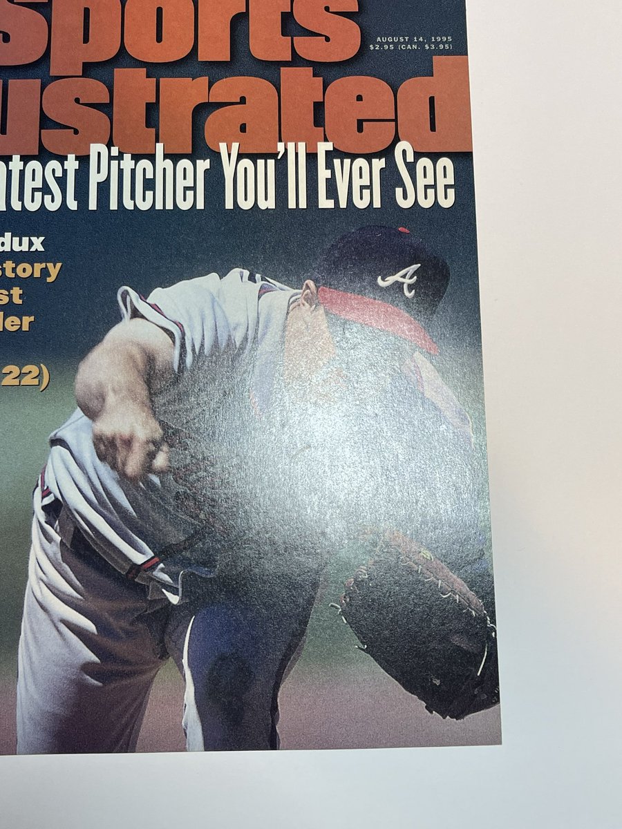 CGC_SI's tweet photo. When cleaning and pressing magazines and comics, most of the time the improvements are small.  That’s ok, because that small flaw can mean the difference between a 9.6 and a 9.8.  

When the differences are big, that makes for some amazing before and after pics.  Look at this copy of Greg Maddux and his 1st Sports Illustrated cover appearance from 1995.  After all these years of pressing, getting this kind of improvement still amazes me!