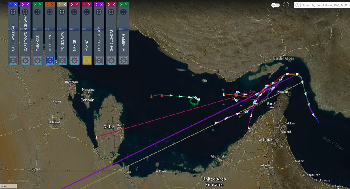 AmiDaniel1's tweet photo. Iran has attacked three vessels in the last 24 hours in Hormuz, one of which is a Qatari LNG carrier (!). It is much more dangerous than attacking a plain crude oil carrier, out of the simple fact that LNG is flammable, crude oil is well... crude.

This is the key first quote by the Qatari government: "We hold it fully legally responsible for this attack & for any resulting damages & consequences".

The key rationale behind this coordinated attack is that Iran is trying to shutdown the US-Omani Southern Corridor and attain control over the Straits. In other words: Iran wants to make it too dangerous for ships to transit far from its shores -- where its easier for them to control and to attack. Oman is 20+ miles from Irani coastlines - almost too far for radars and binoculars from Iranian coastline (especially at night, and this is the US Navy -NCAGS recommended route). So this is a really well planned path to push ships to sail close to Iran and later on pay them for passage.

Specifically, according to @WindwardAI  data, six vessels rerouted from the southern corridor to the central corridor: Tara Gas, Aurelian, Nexor, Lotus Leader, Avang, Capetown Highway and one additional LNG tanker (Al Areesh) halted its transit and anchored halfway to the Strait.