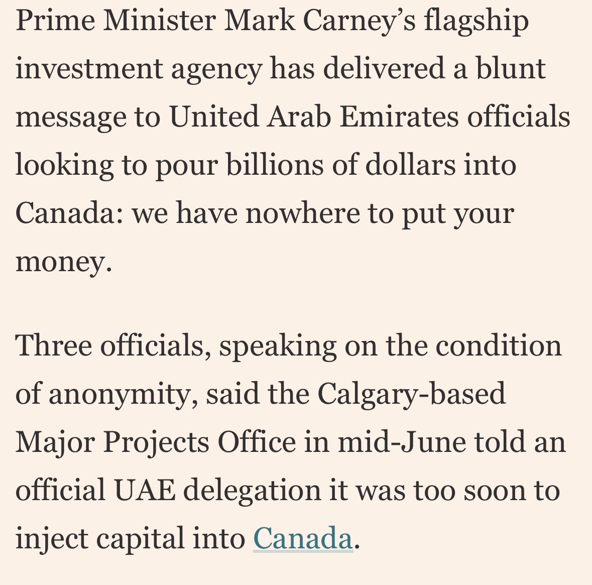 ExnerPirot's tweet photo. “The PM keeps talking about the C$70bn [US$49bn] UAE commitment he secured on his first visit in November. None of that has been deployed,” said one Canadian official.
🧐 Canada tells UAE it is not ready for its $70 billion investment @FT 
https://t.co/tiFJvwZ3kM https://t.co/Tx2Ibljtrf