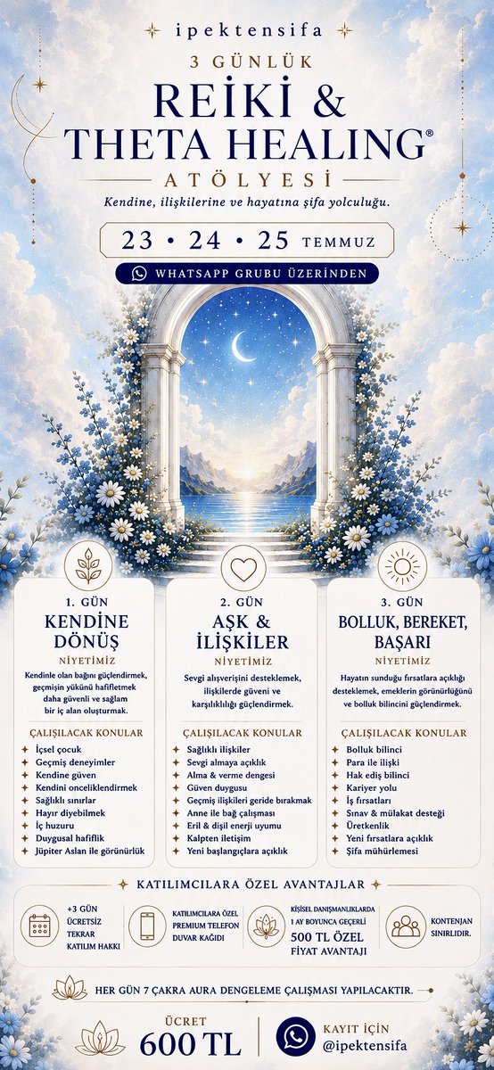 ipektensifa's tweet photo. herkese merhaba 🤍

biliyorum uzun zaman oldu ama sonunda 23-24-25 temmuz tarihlerinde 3 günlük reiki & theta healing atölyesinde buluşuyoruz.

bu çalışmada ilk gün kendinle olan bağını, ikinci gün aşk ve ilişkilerini, üçüncü gün ise bolluk, kariyer, iş, sınav ve mülakat alanlarını birlikte çalışacağız. 

her gün 7 çakra ve aura dengeleme çalışması ile birlikte talep ettiğiniz 1 kişiyle karmik bağ şifa çalışması gerçekleştirecek ve gruba özel hazırladığım duvar kağıdını sizlerle paylaşacağım. 🤍

atölye katılımcılarına özel olarak, 1 ay boyunca geçerli kişisel şifa danışmanlıklarında 500 tl indirim avantajı da sunuyorum.

unutmadan! evet.. bir sürprizim daha var! bu gönderiyi yeniden paylaşan 1 takipçimi atölyeye davet edeceğim🤍 

birlikte çok güzel bir çalışma olacağına inanıyorum. 23 temmuzda görüşmek üzere herkesi bekliyorum 🤍